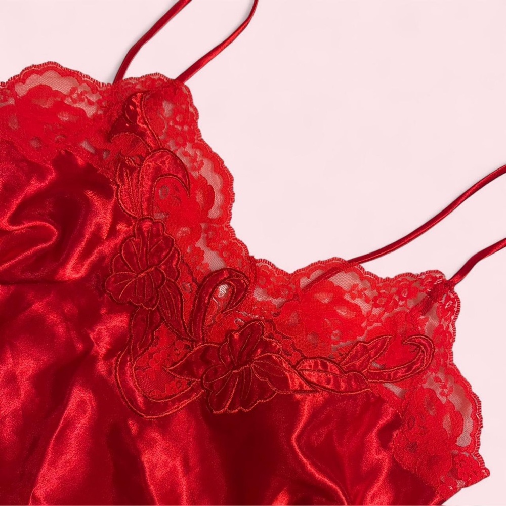 Vintage Red Satin Lace Lingerie Chemise Set - image 4
